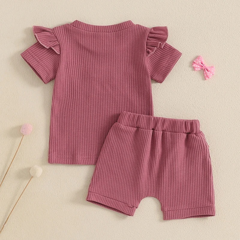Girls Fashion Letter I Embroidery Waffle Suit