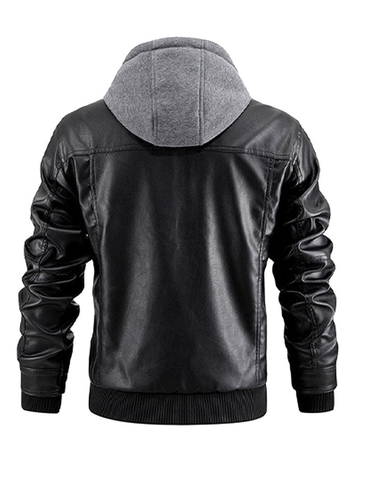 Men's Faux Leather Jacket Motorcycle Jacket Waterproof Windproof PU Moto Vintage Bomber Hoodie With Removable Hood