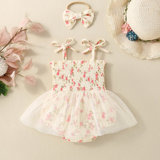 Baby Girl Flower Print Sling Triangle Rompers Tulle Skirt