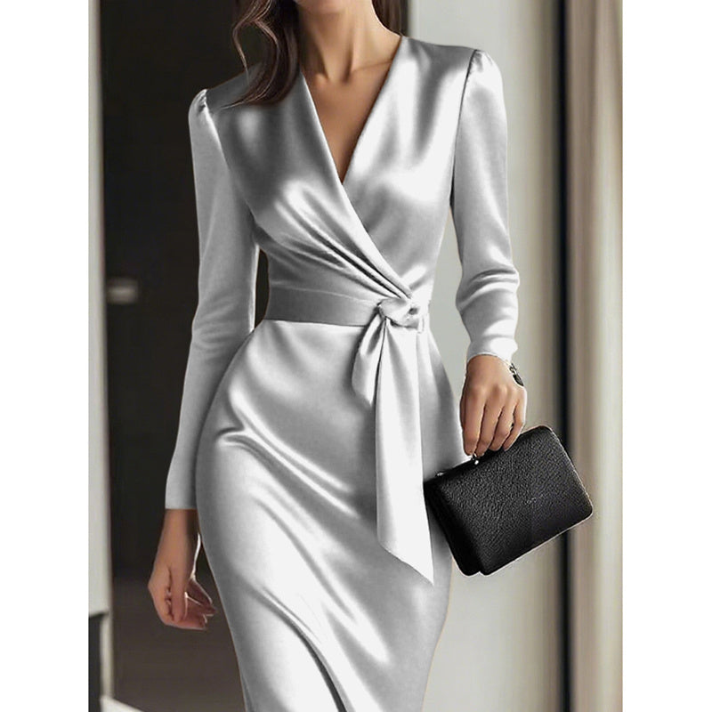 Women's Burgundy Satin Midi Dress Elegant V-Neck Long Sleeve Bodycon Dress With Belted Waist