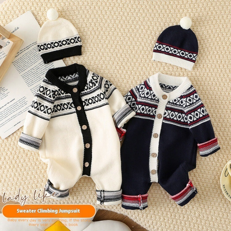 Western Style Striped Knitted Clothing Male And Female Baby One-piece Outing