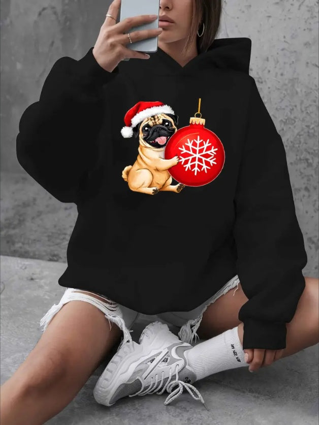 Pug Loves Christmas Bells Oversized Hooded Sweatshirt For Women, Long Sleeve Pullover With Pockets, Casual Plus Size Top For Fall Winter