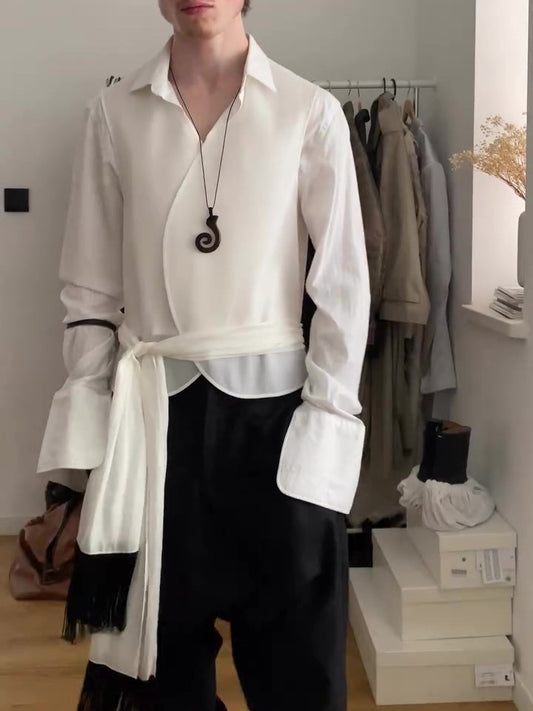 Solid Color Tassel Belt Vest & Long Sleeve Shirt Two-Piece Set