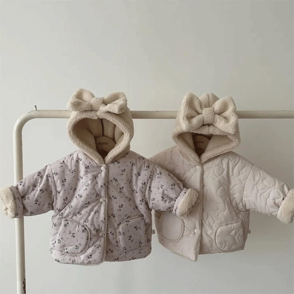 Girls' Cashmere Thickened Hooded Cotton Coat Jacket