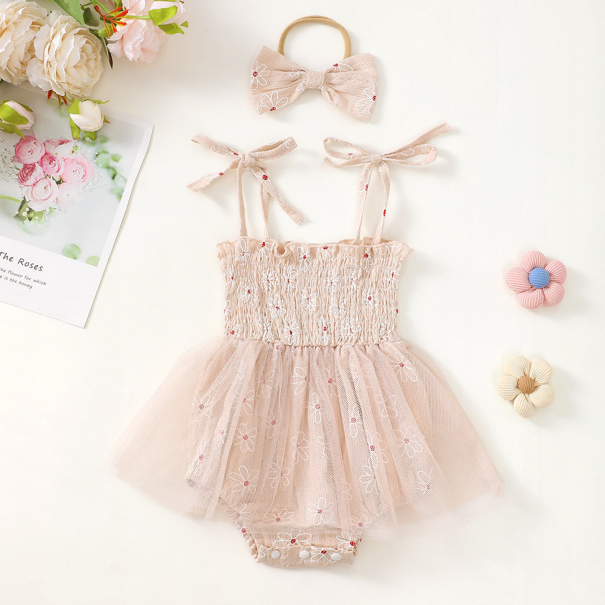 Baby Girl Mesh Camisole Princess Dress With Bowknot Headwear