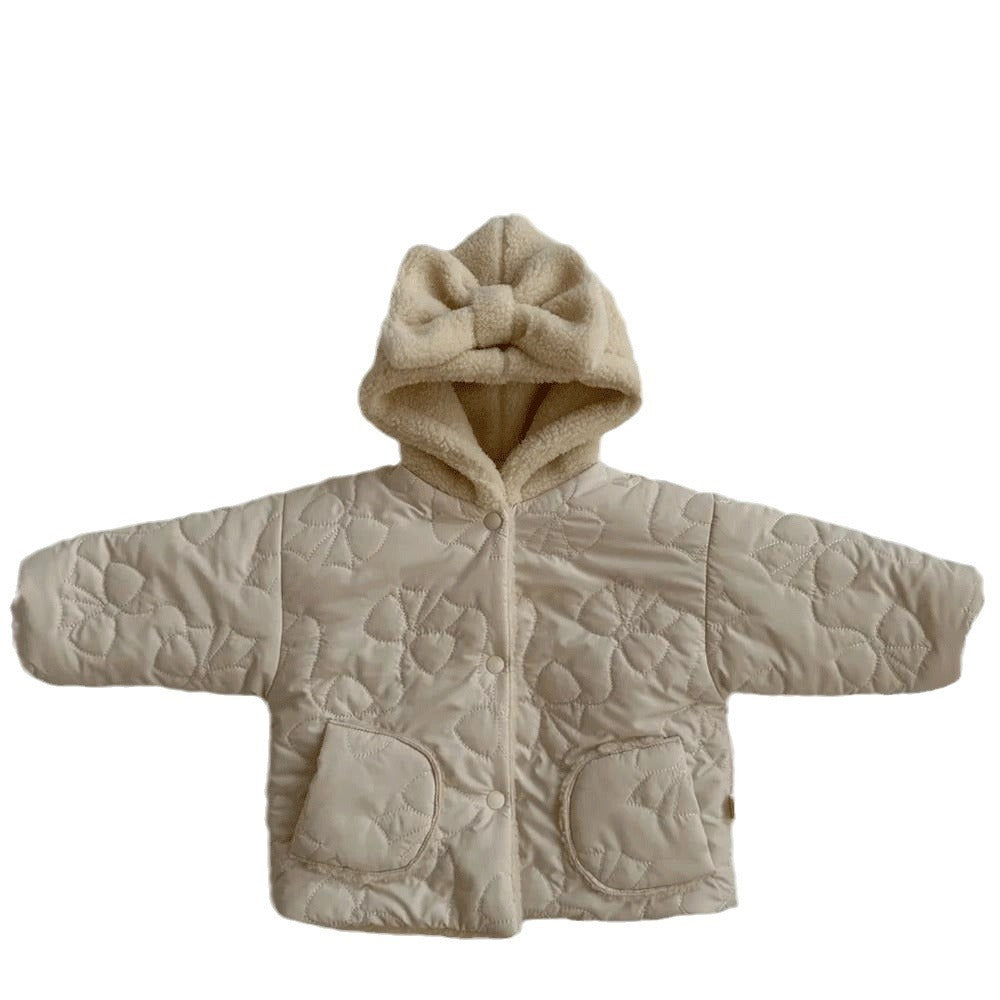 Girls' Cashmere Thickened Hooded Cotton Coat Jacket