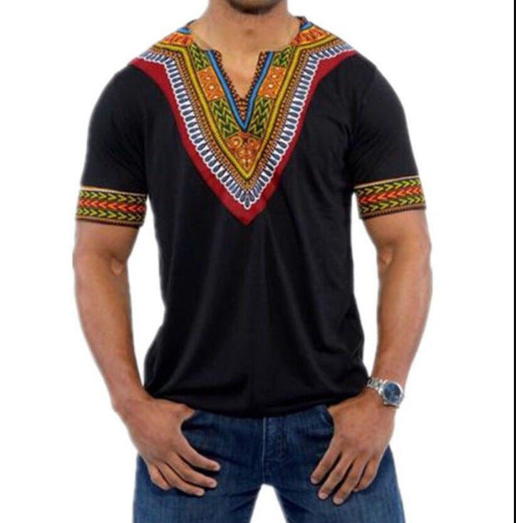 Ethnic Style Solid Color Printed V-neck Short-sleeved Loose Men's T-shirt