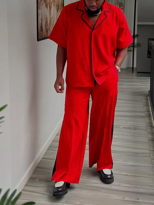 Red Short-sleeve Shirt And Wide-leg Pants Set With Black Trim