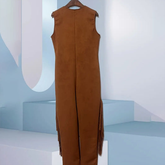 Women's Vintage Western Fringe Jumpsuit - Brown Sleeveless Romper With Fringe & Zip Details, High Waist Wide Leg Boho Chic All-Season Outfit