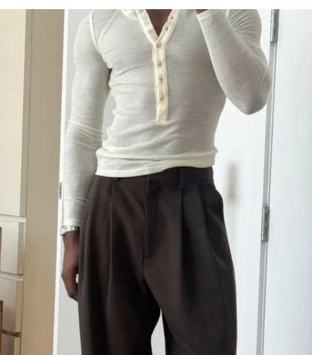 Men's Cream - Colored Ribbed Long - Sleeve Henley Top