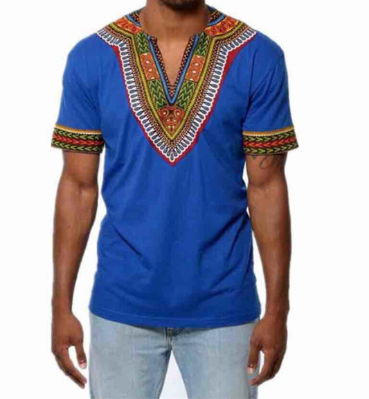 Ethnic Style Solid Color Printed V-neck Short-sleeved Loose Men's T-shirt