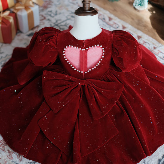 Wine Red Summer Long Sleeve Flower Girl Wedding Princess Skirt
