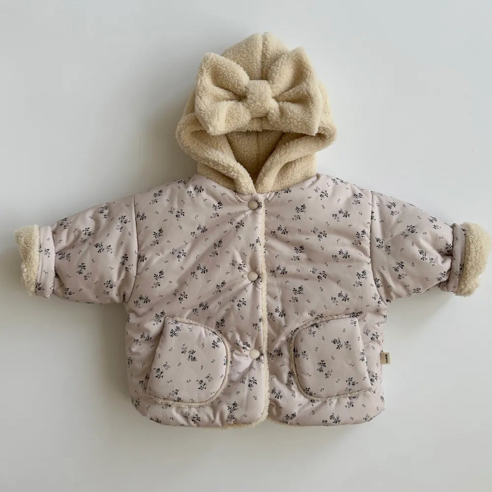 Girls' Cashmere Thickened Hooded Cotton Coat Jacket