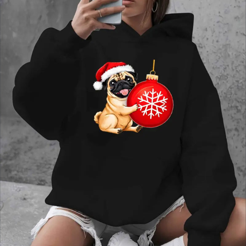 Pug Loves Christmas Bells Oversized Hooded Sweatshirt For Women, Long Sleeve Pullover With Pockets, Casual Plus Size Top For Fall Winter