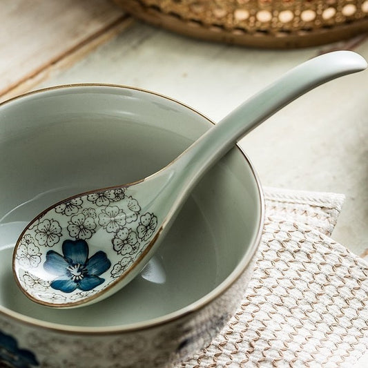 Household Ceramic Long Handle Scoop And Spoon Deep Mouth Soup Bowl