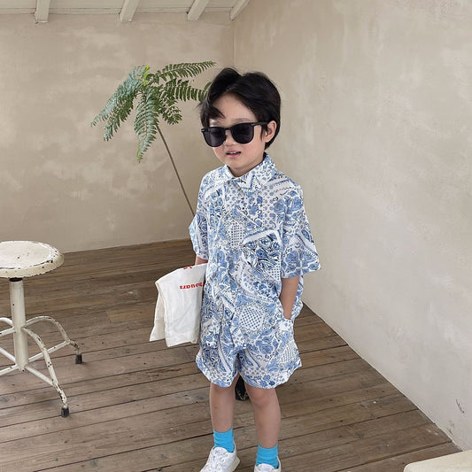Printed Shirt Boys Vacation Style Chiffon Shirt Shorts Suit