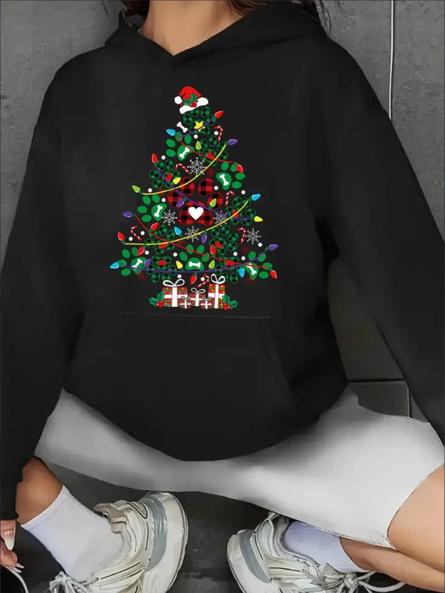 Women'S Christmas Tree Print Hoodie, Casual Sports Style With Kangaroo Pocket, All-Season Fashion Hooded Pullover Sweatshirt