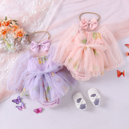 Girls' Fashionable Flower Embroidered Mesh Romper