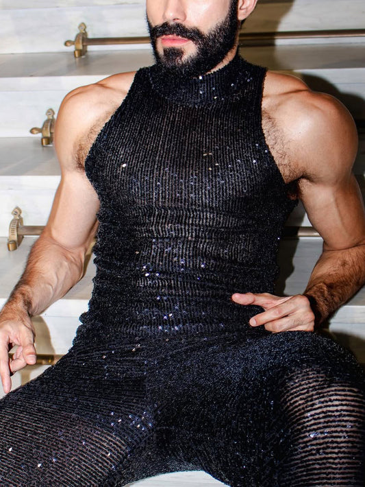 Sleeveless Sequined Vest High Waist Pants Set