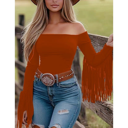 Women's Western Cowgirl Off-Shoulder Fringe Top, Sexy Slim Fitted Long Sleeve Tassel Blouse