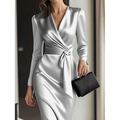 Women's Burgundy Satin Midi Dress Elegant V-Neck Long Sleeve Bodycon Dress With Belted Waist