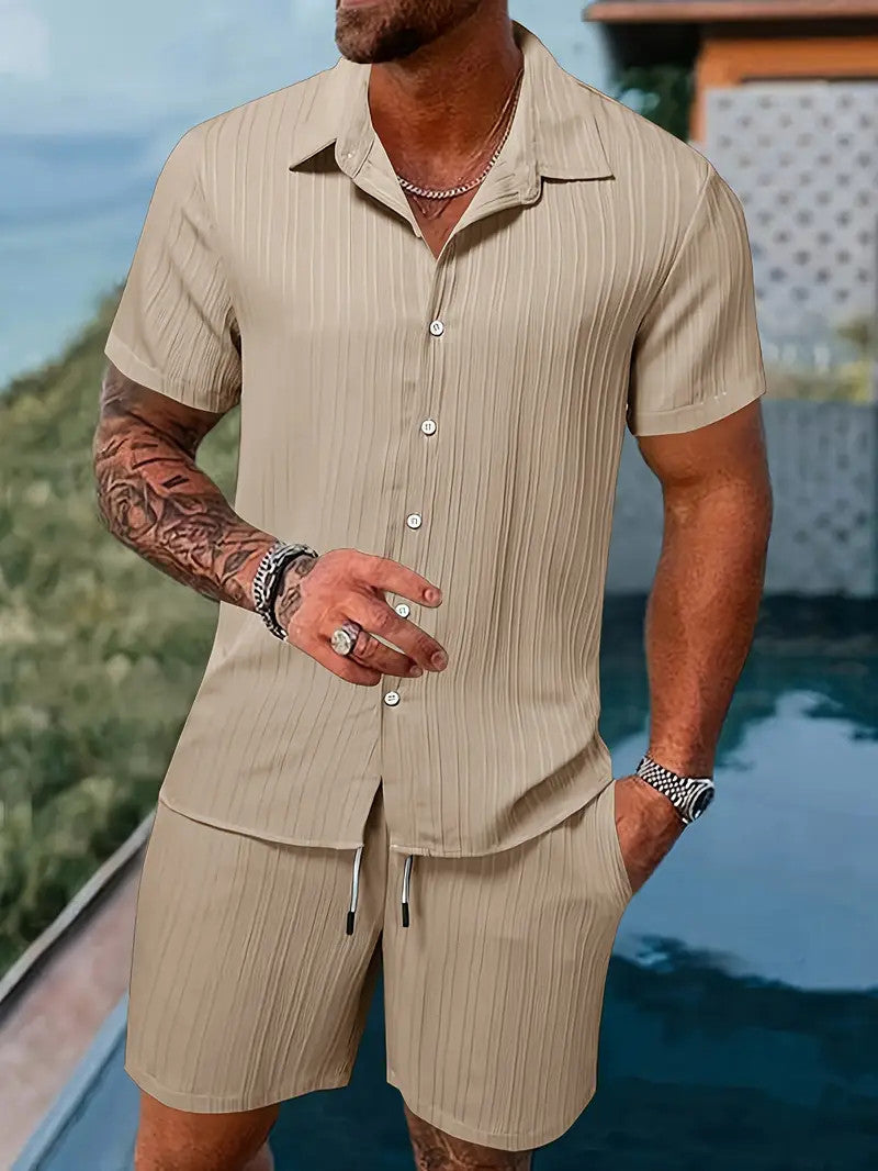 Men's Summer Two-Piece Set Casual Pleated Striped Shirt With Drawstring Shorts, Short Sleeve Workwear Outfit, Lounge Suit