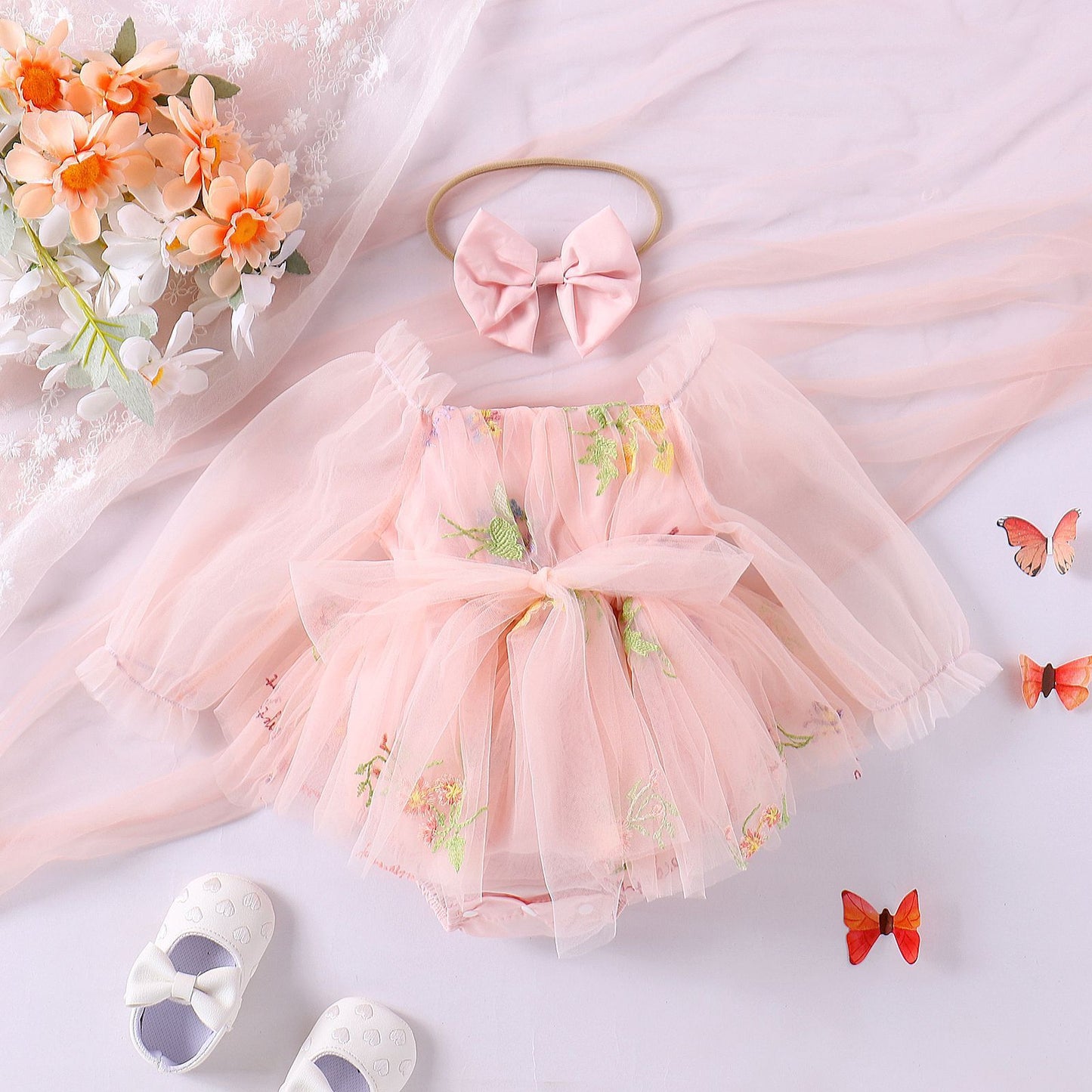 Girls' Fashionable Flower Embroidered Mesh Romper