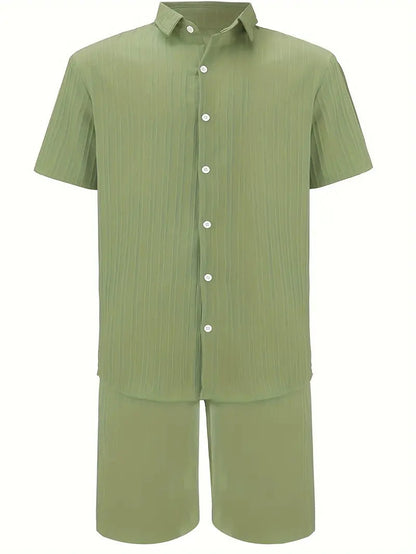 Men's Summer Two-Piece Set Casual Pleated Striped Shirt With Drawstring Shorts, Short Sleeve Workwear Outfit, Lounge Suit