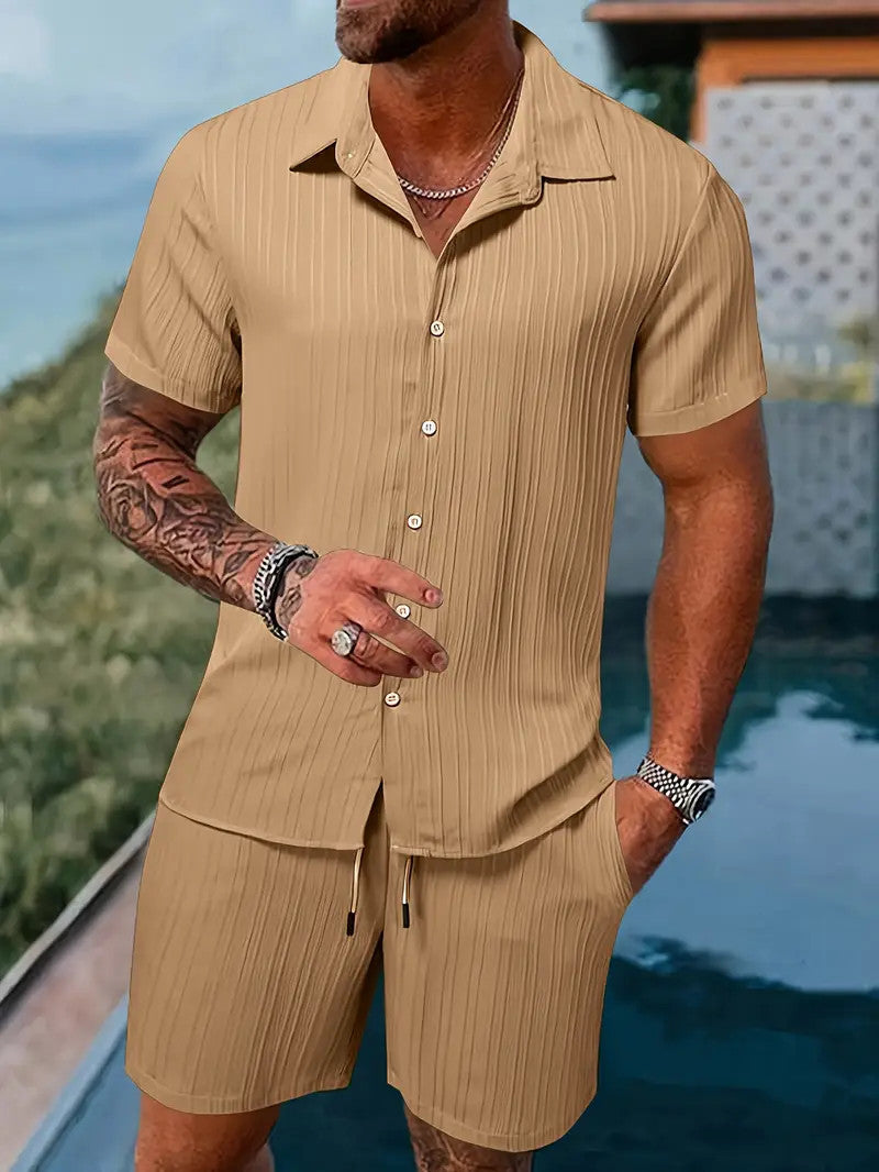 Men's Summer Two-Piece Set Casual Pleated Striped Shirt With Drawstring Shorts, Short Sleeve Workwear Outfit, Lounge Suit