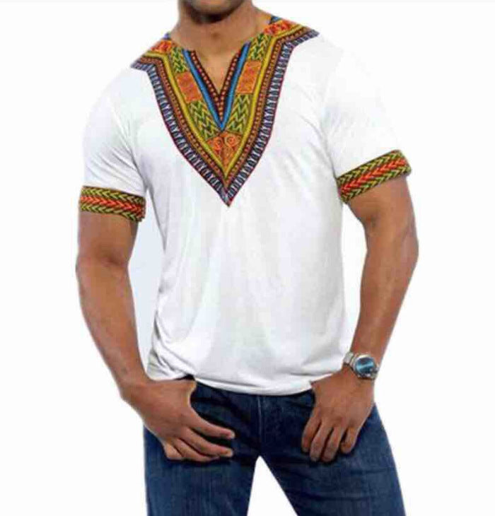 Ethnic Style Solid Color Printed V-neck Short-sleeved Loose Men's T-shirt