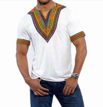 Ethnic Style Solid Color Printed V-neck Short-sleeved Loose Men's T-shirt