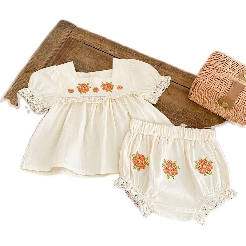 Girl Baby Flower Embroidered Short-sleeved Top