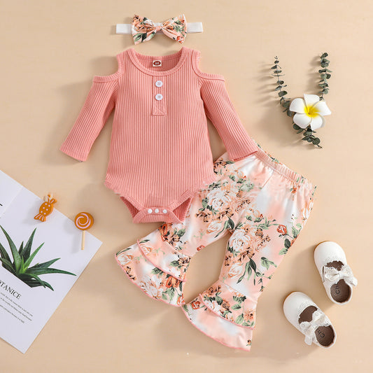 Girls' Sunken Stripe Rompers Jumpsuit Flower Flared Pants Hair Band Three-piece Set