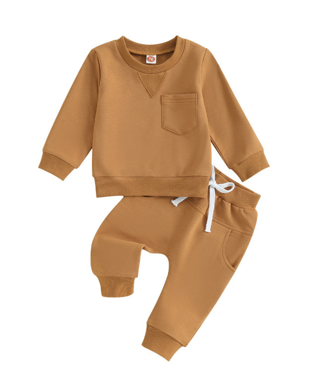 Solid Color Boy Letter Printed Round Neck Long Sleeve Trousers Suit