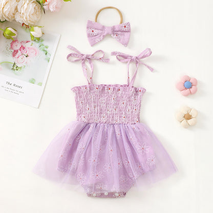 Baby Girl Mesh Camisole Princess Dress With Bowknot Headwear