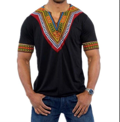 Ethnic Style Solid Color Printed V-neck Short-sleeved Loose Men's T-shirt