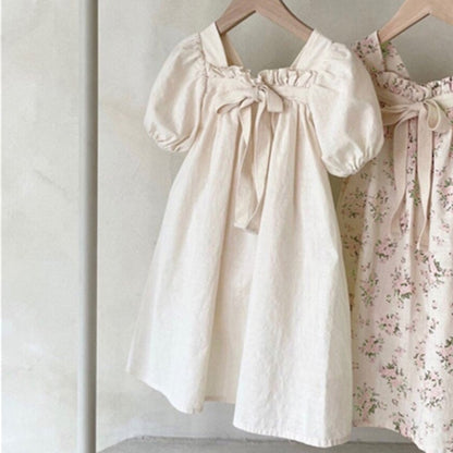 Girls Bow Bubble Sleeve Floral Square Neck Dress