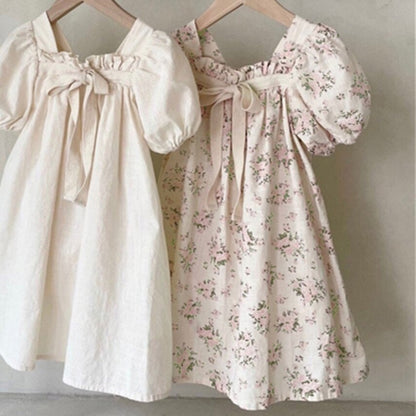 Girls Bow Bubble Sleeve Floral Square Neck Dress