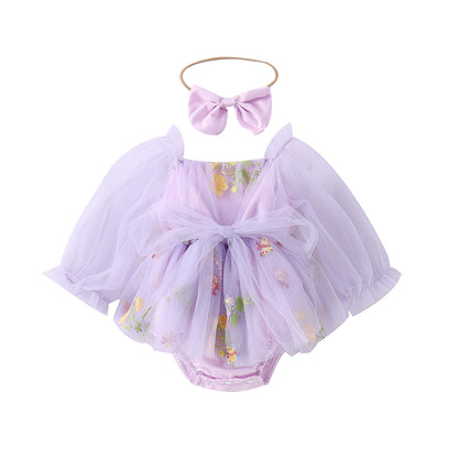 Girls' Fashionable Flower Embroidered Mesh Romper