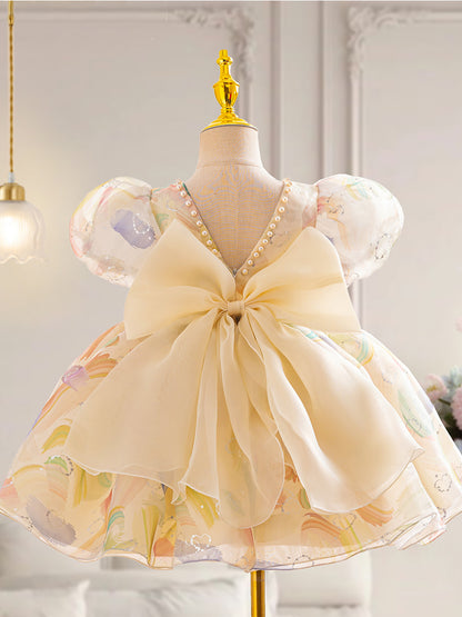 Fashion Puff Sleeve Bowknot Girl Dress