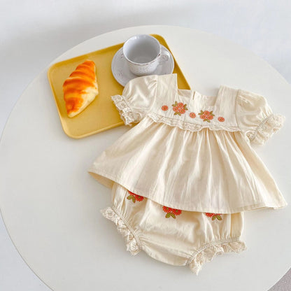 Girl Baby Flower Embroidered Short-sleeved Top