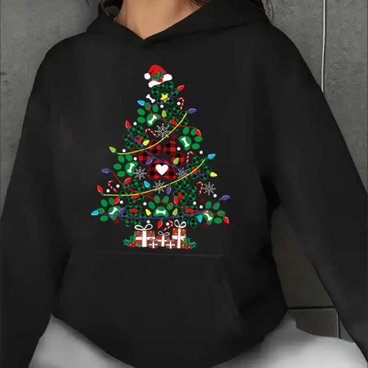 Women'S Christmas Tree Print Hoodie, Casual Sports Style With Kangaroo Pocket, All-Season Fashion Hooded Pullover Sweatshirt