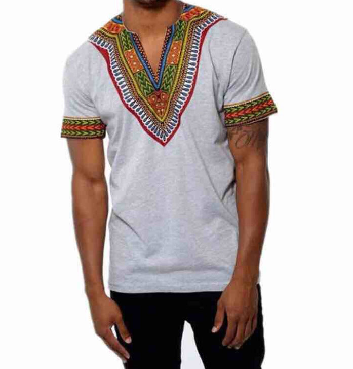Ethnic Style Solid Color Printed V-neck Short-sleeved Loose Men's T-shirt
