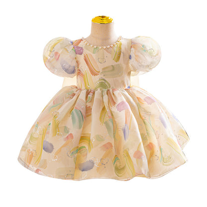 Fashion Puff Sleeve Bowknot Girl Dress