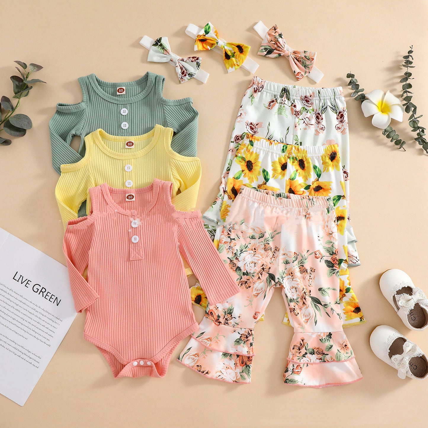 Girls' Sunken Stripe Rompers Jumpsuit Flower Flared Pants Hair Band Three-piece Set