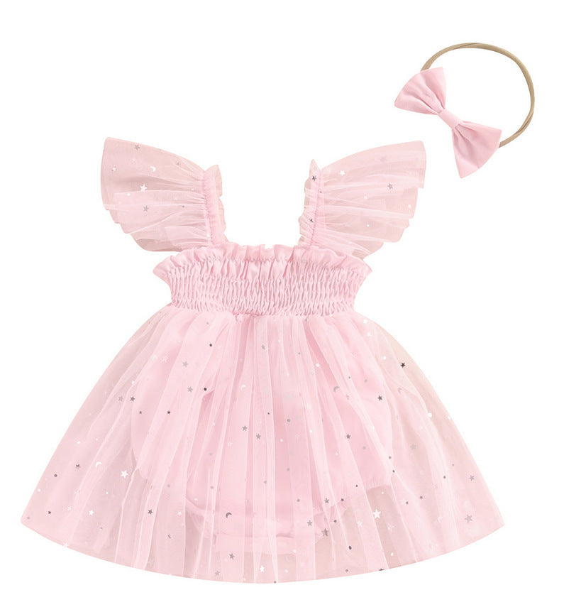 Girls' Mesh Flounced Sleeve Shoulder Princess Onesie