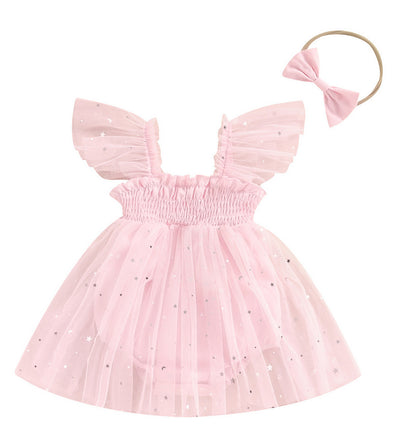 Girls' Mesh Flounced Sleeve Shoulder Princess Onesie