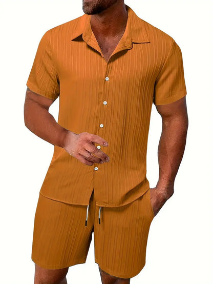 Men's Summer Two-Piece Set Casual Pleated Striped Shirt With Drawstring Shorts, Short Sleeve Workwear Outfit, Lounge Suit