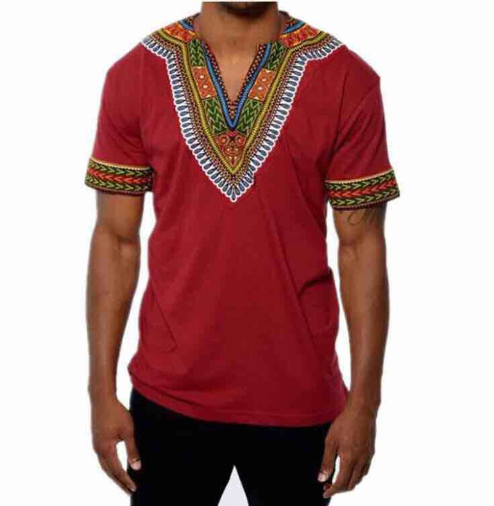Ethnic Style Solid Color Printed V-neck Short-sleeved Loose Men's T-shirt