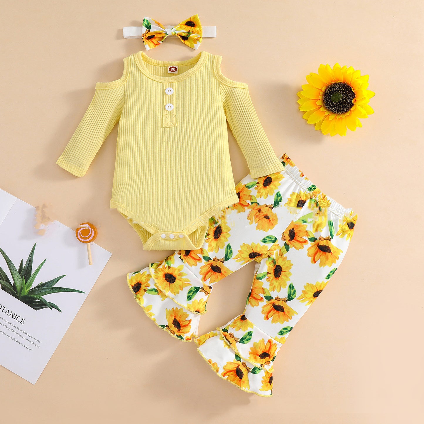 Girls' Sunken Stripe Rompers Jumpsuit Flower Flared Pants Hair Band Three-piece Set